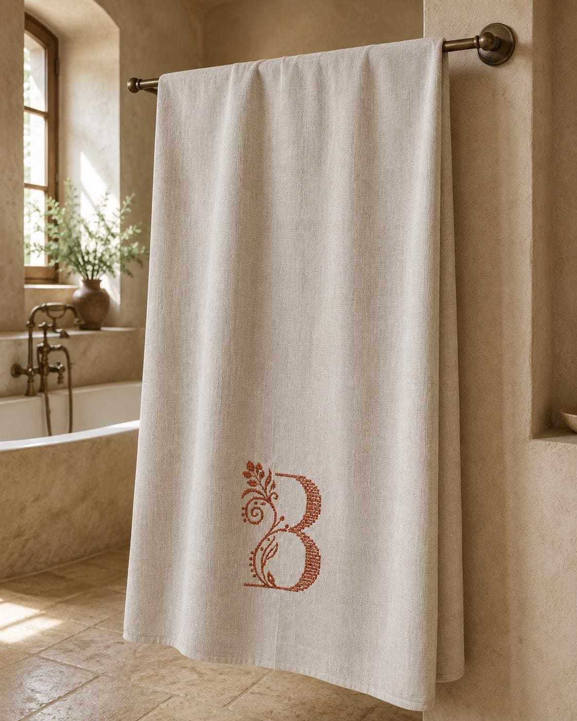 Personalised Italian linen towel with embroidered botanical monogram
