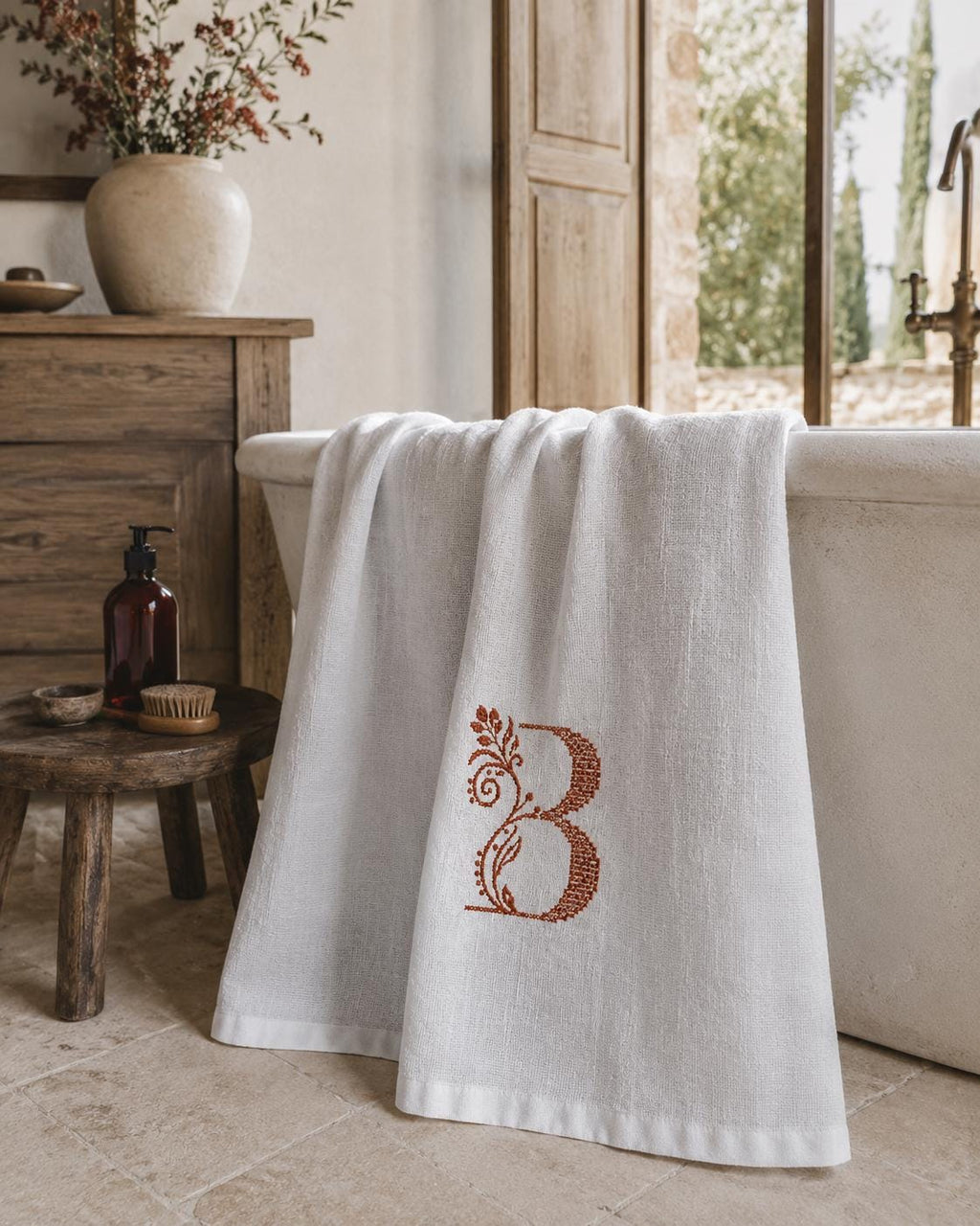 Personalised Italian linen towel with embroidered botanical monogram