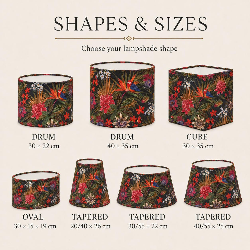 Dark floral Passiflora UV-resistant lampshade shape and size detail