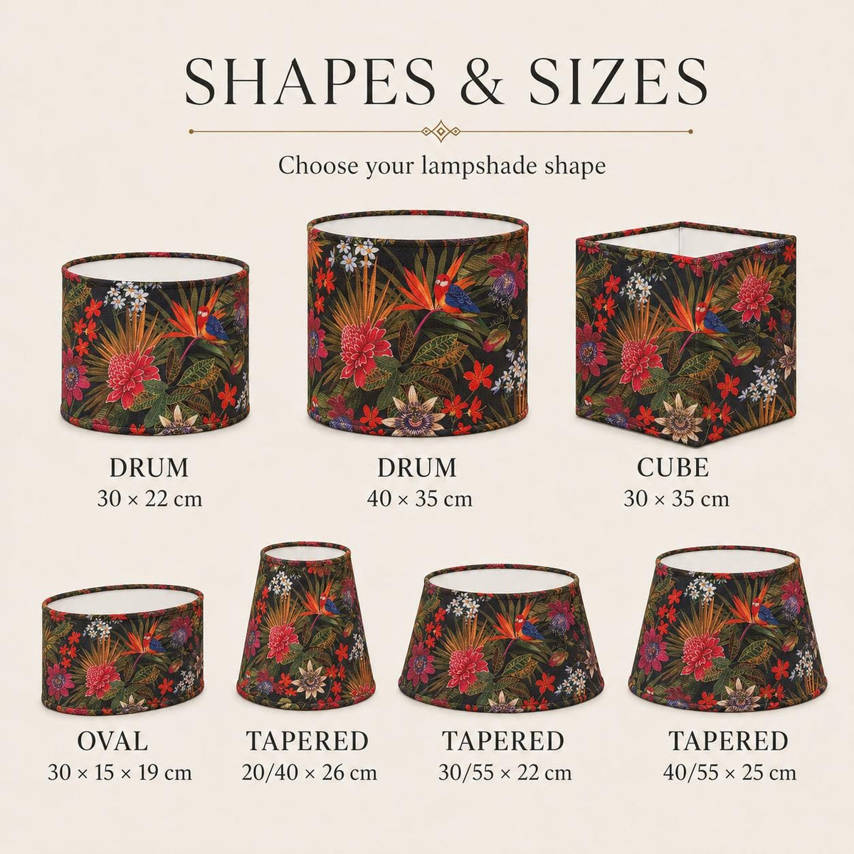 Dark floral Passiflora UV-resistant lampshade shape and size detail