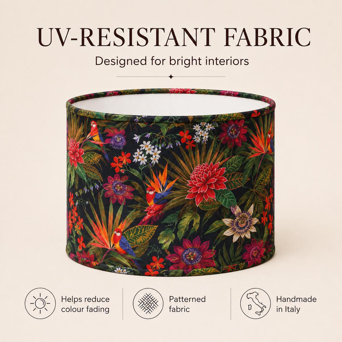 Dark floral Passiflora handmade lampshade styled interior view
