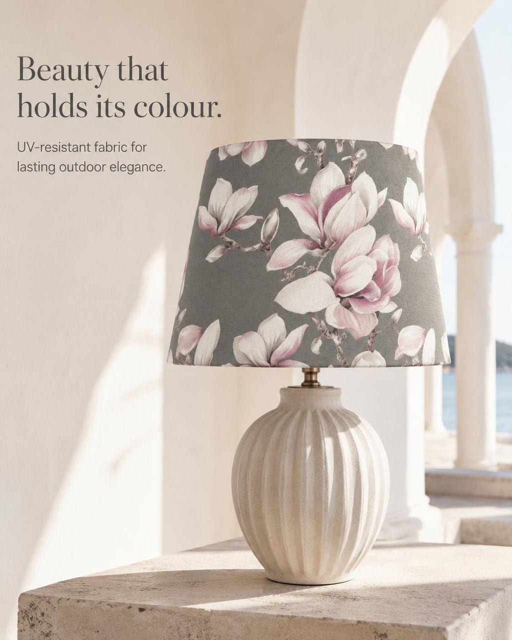 Grey and blush magnolia UV-resistant lampshade shape and size detail