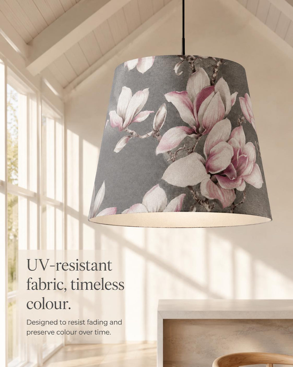 Grey and blush magnolia handmade lampshade styled interior view