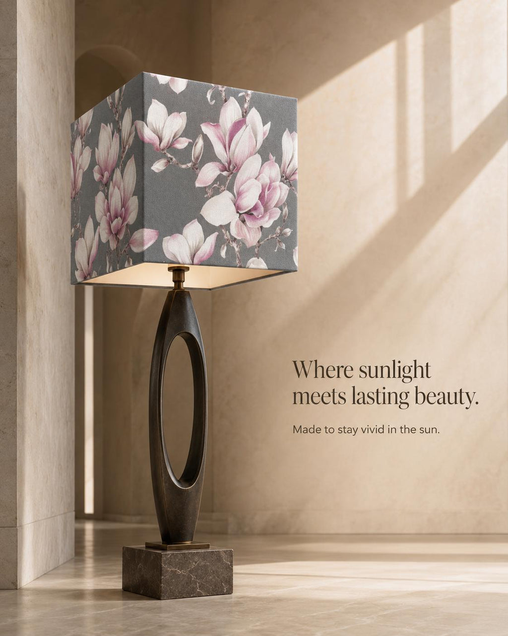 Grey and blush magnolia UV-resistant lampshade shape and size detail