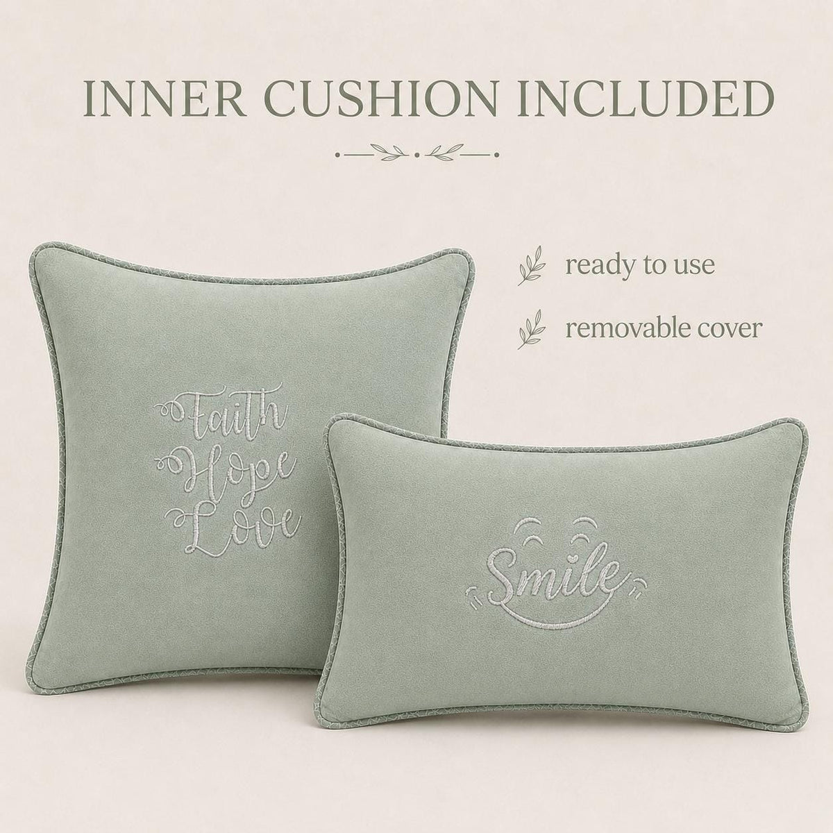 Additional product view of sage green Faith Hope Love and Smile embroidered cushions