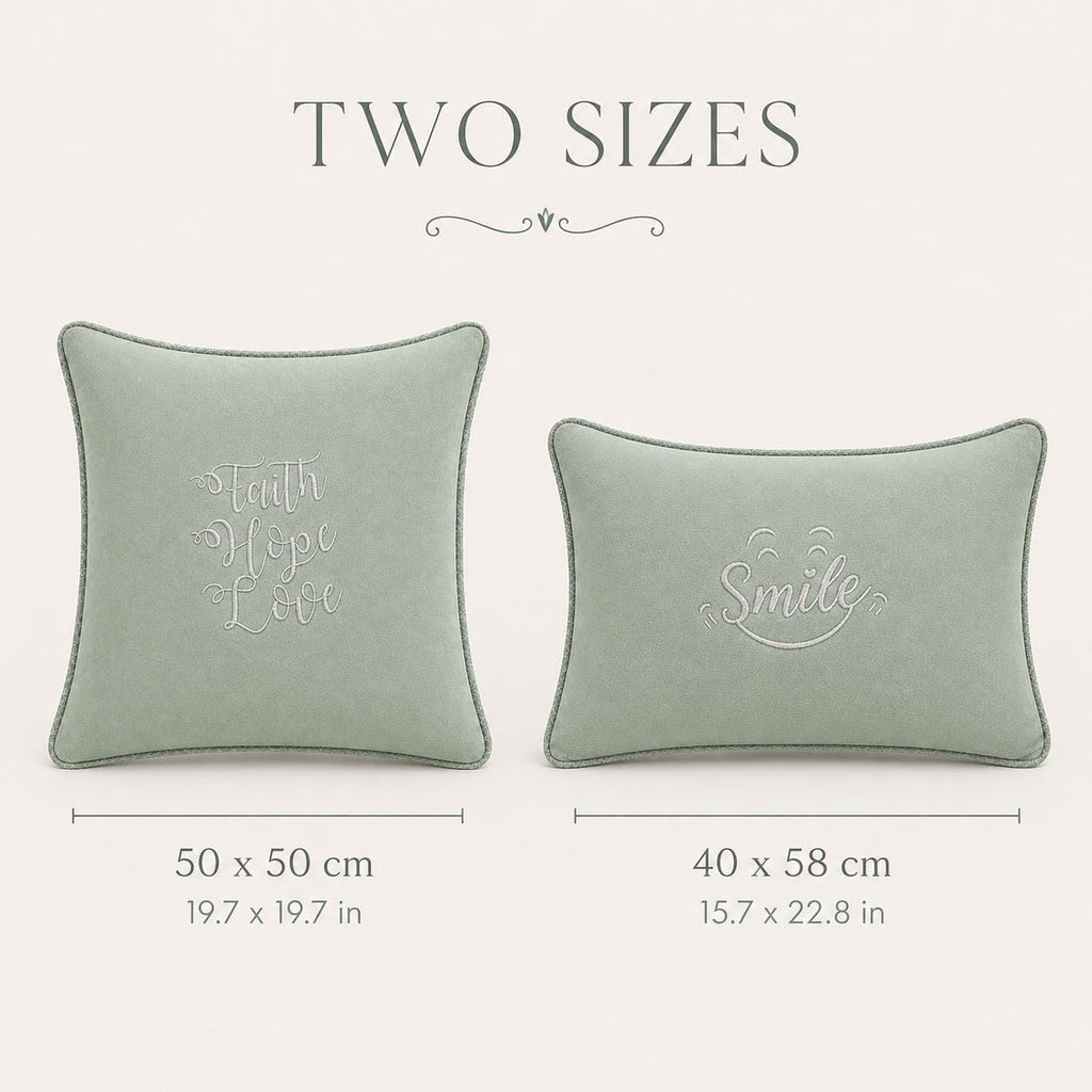 Additional product view of sage green Faith Hope Love and Smile embroidered cushions