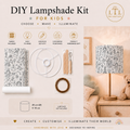 Kids colour-in DIY lampshade kit infographic showing the Princess design, Ø20 cm × H18 cm size, kit contents and finished lampshade