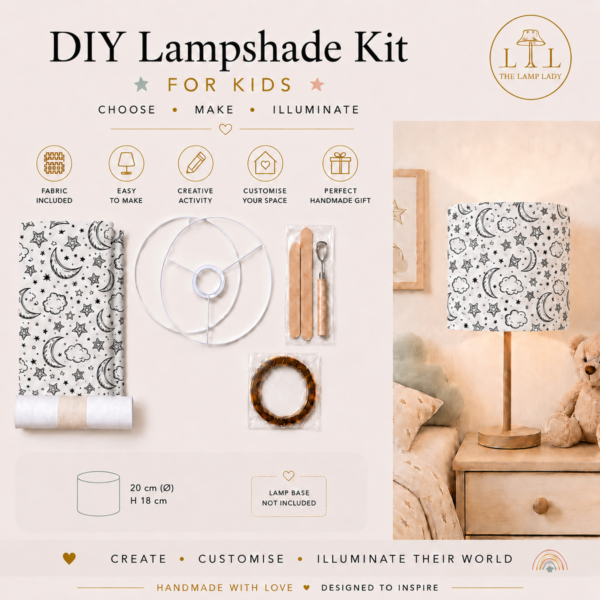 Kids colour-in DIY lampshade kit infographic showing the Stars design, Ø20 cm × H18 cm size, kit contents and finished lampshade