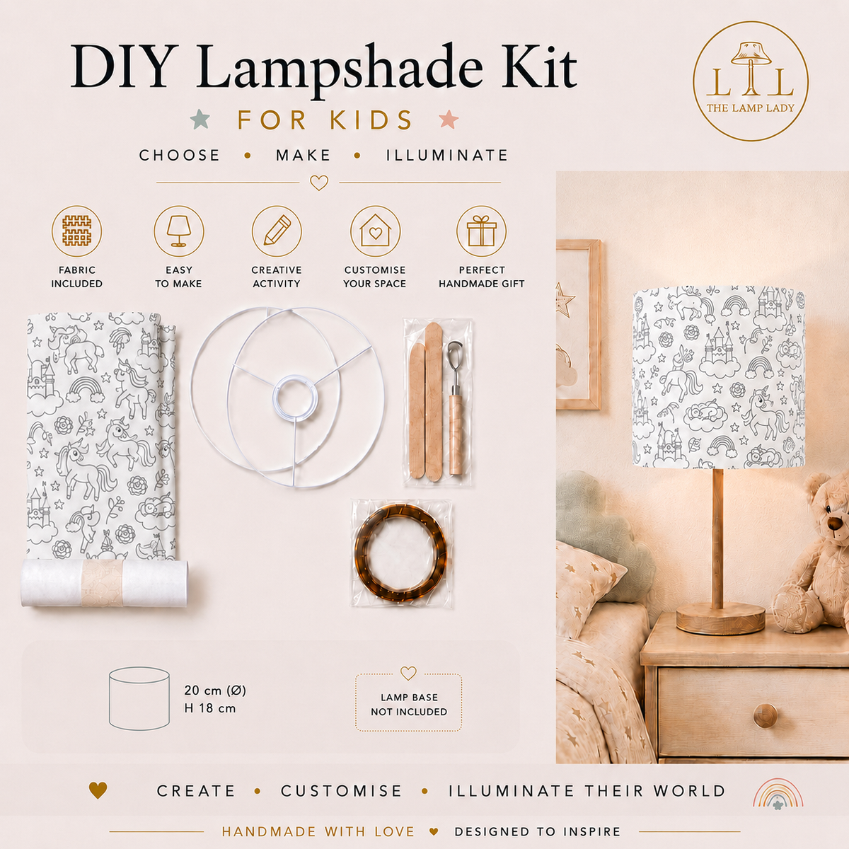 Kids colour-in DIY lampshade kit infographic showing the Unicorn design, Ø20 cm × H18 cm size, kit contents and finished lampshade