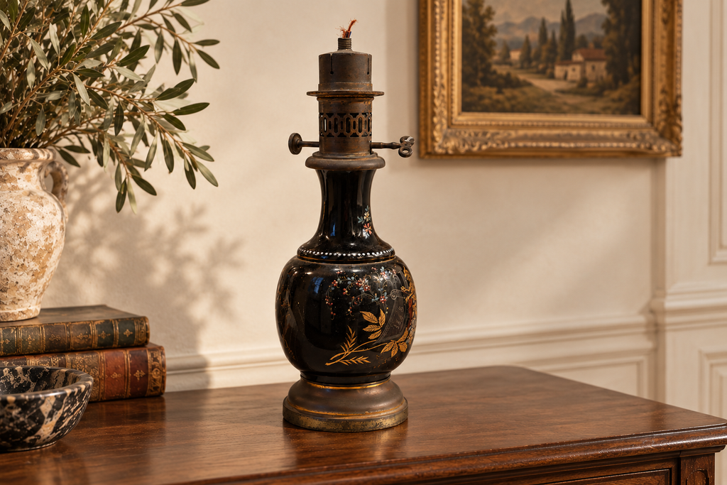 Floral vintage black-glazed ceramic oil lamp in a classical interior
