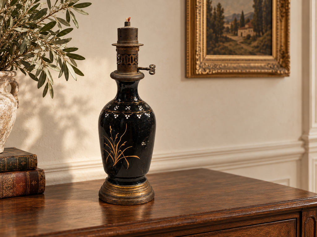 Gilt reed vintage black-glazed ceramic oil lamp in a classical interior