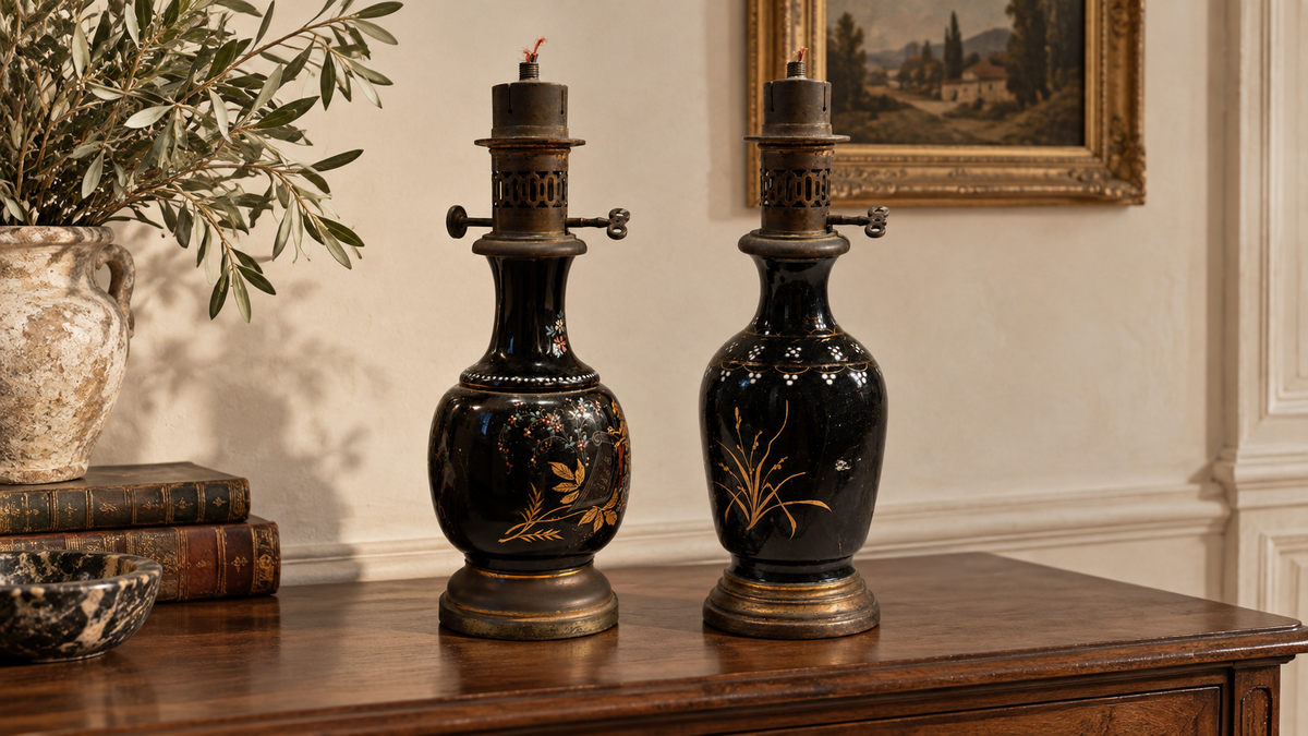 Pair of vintage black-glazed ceramic oil lamps in a classical interior