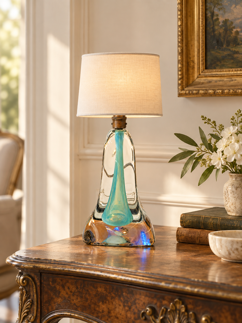 Vintage clear and aqua glass table lamp shown with a representative cream lampshade, not included