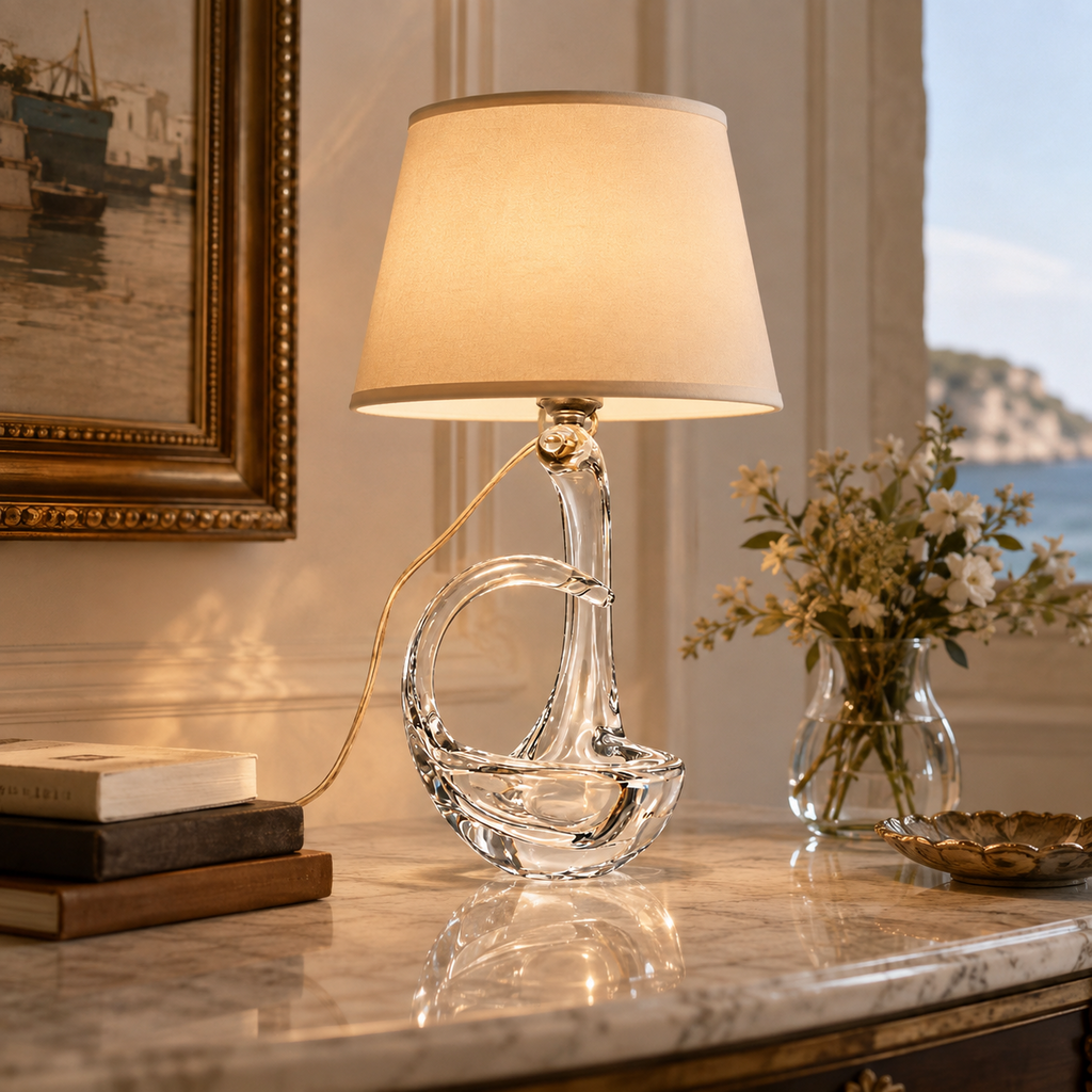 Signed Schneider crystal sailing boat lamp styled with a cream lampshade; shade not included