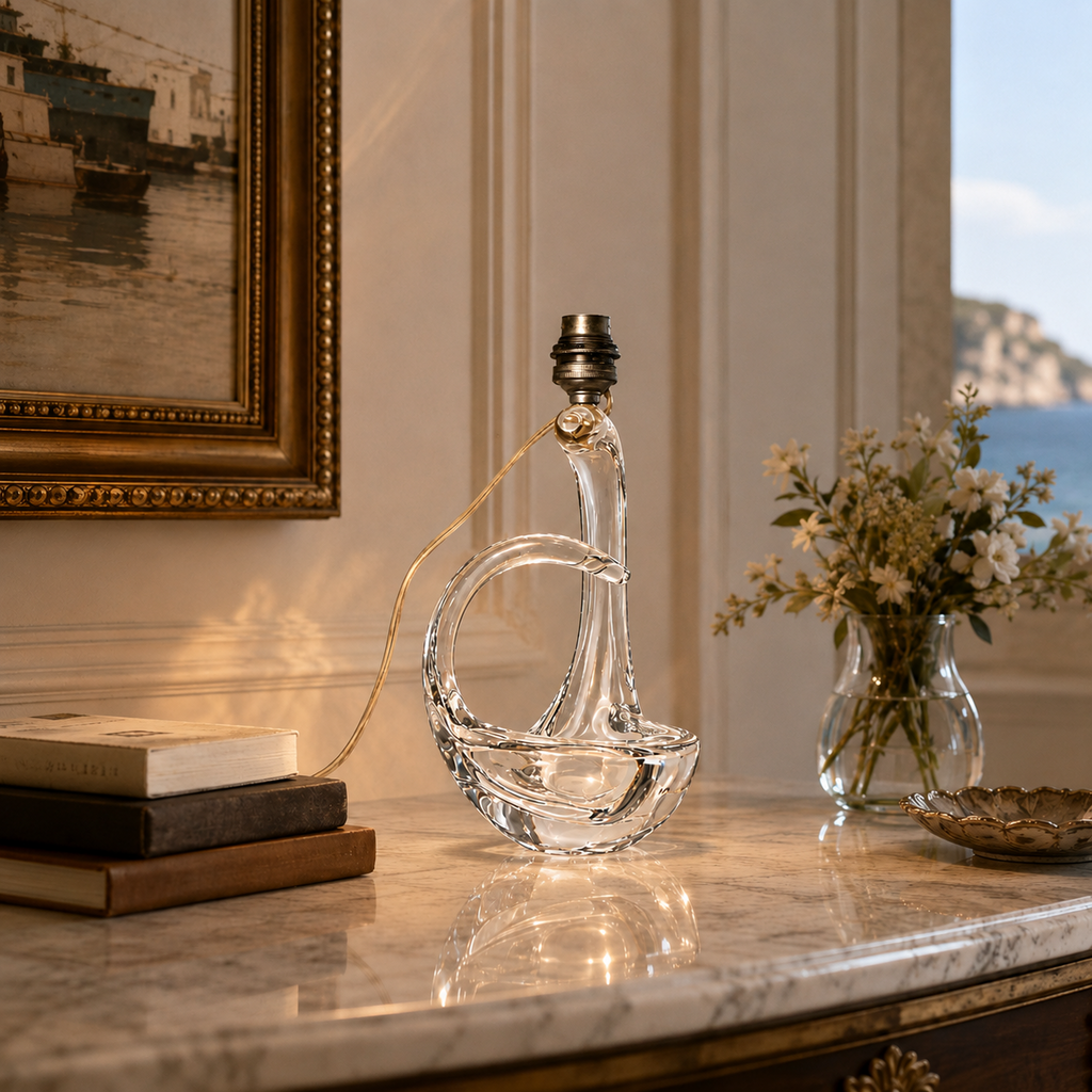Signed Schneider crystal sailing boat lamp shown without lampshade