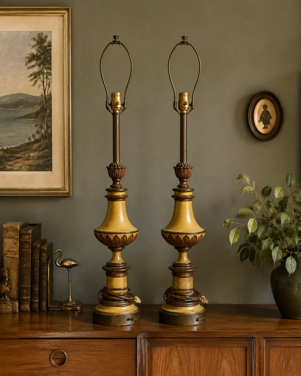 Pair of vintage Stiffel table lamps staged in a 1960s/70s Hollywood Regency interior, without lampshades