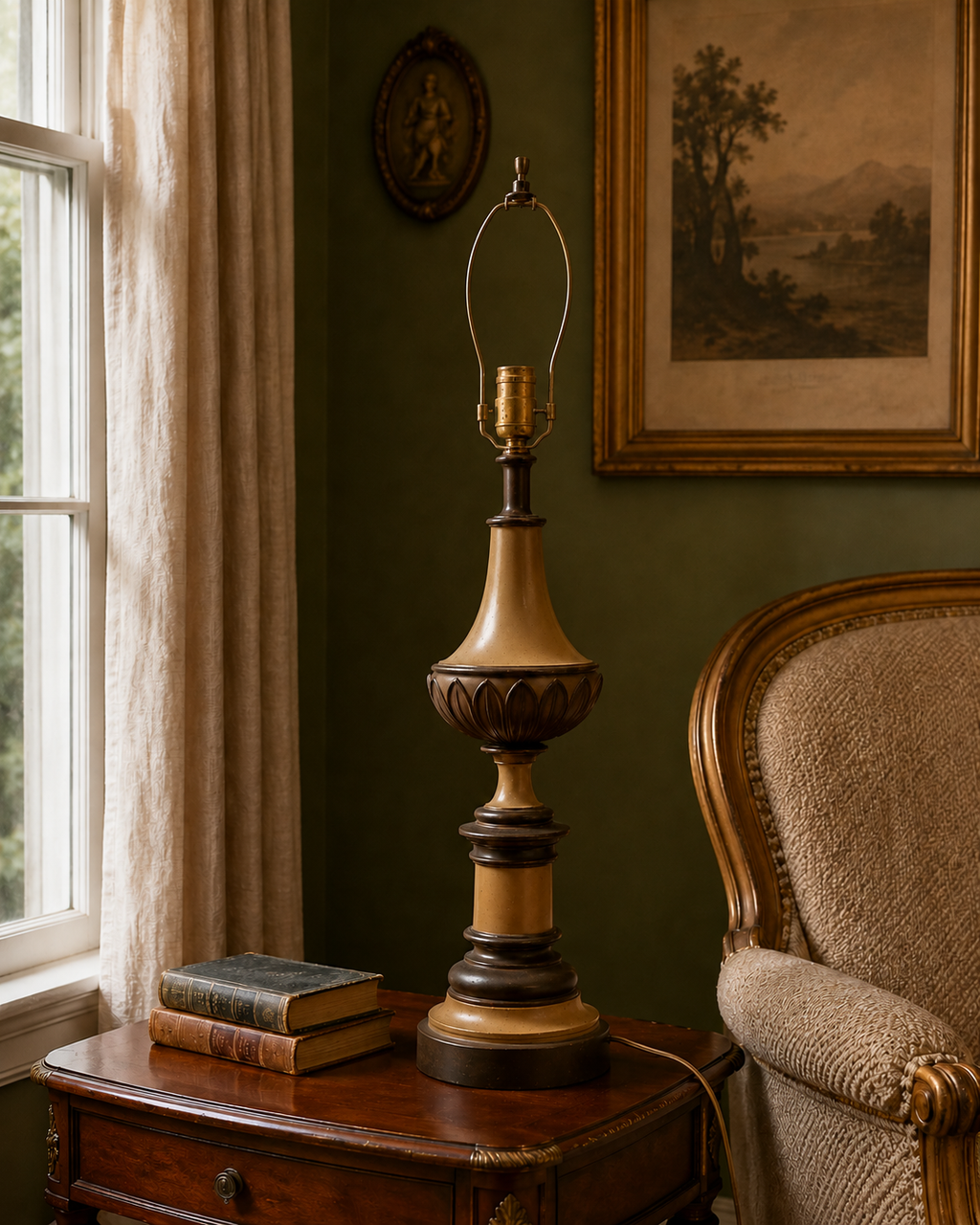 Single vintage Stiffel table lamp staged in a 1960s/70s Hollywood Regency interior, without a lampshade; lamp shape faithful to the original