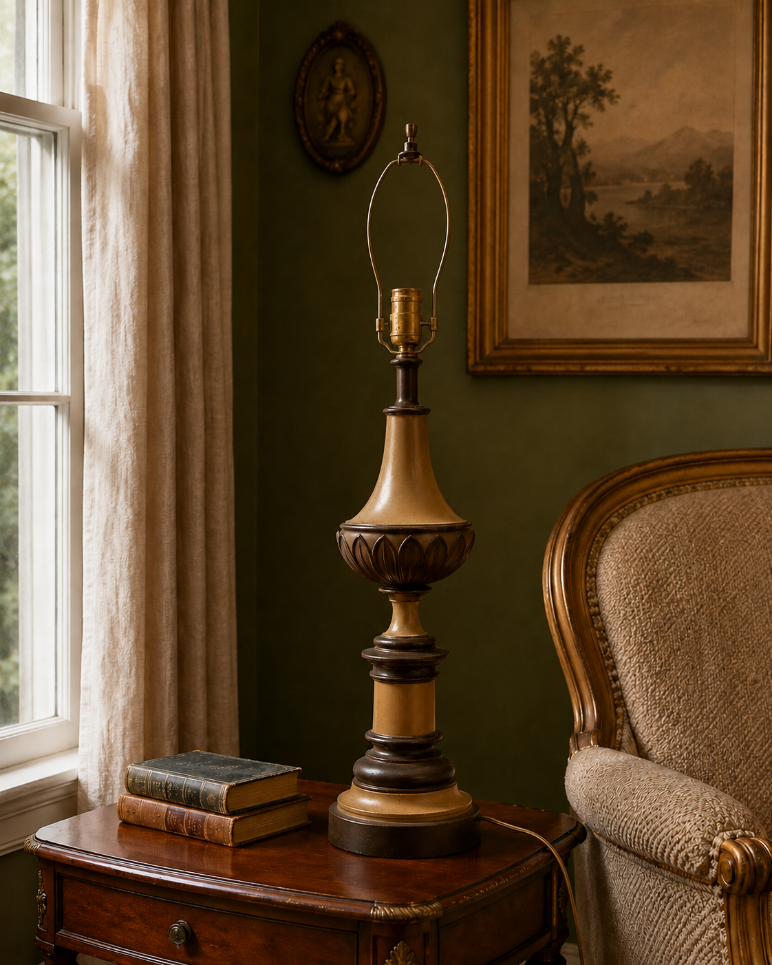Single vintage Stiffel table lamp staged in a 1960s/70s Hollywood Regency interior, without a lampshade; lamp shape faithful to the original