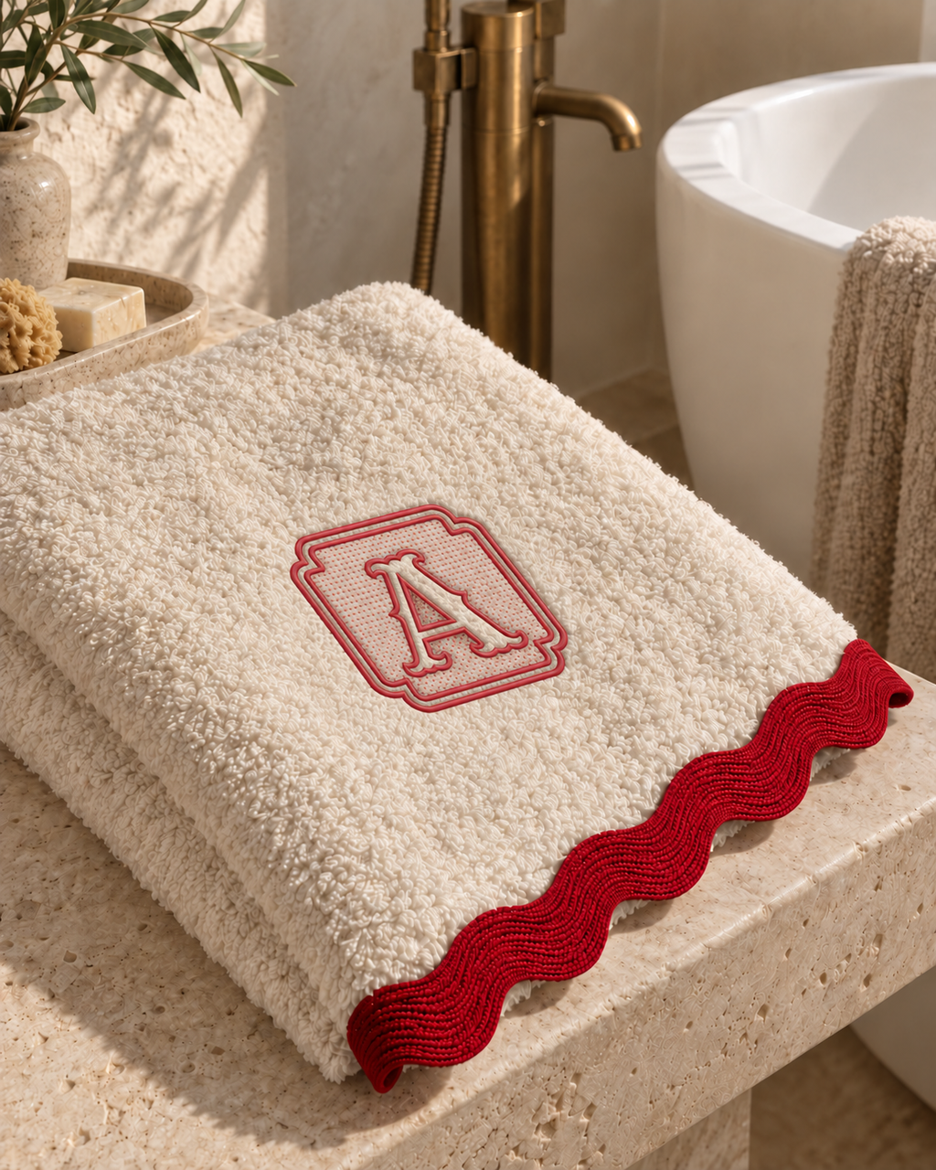 Bathroom setting with personalised white cotton towel, model 01 framed monogram in red