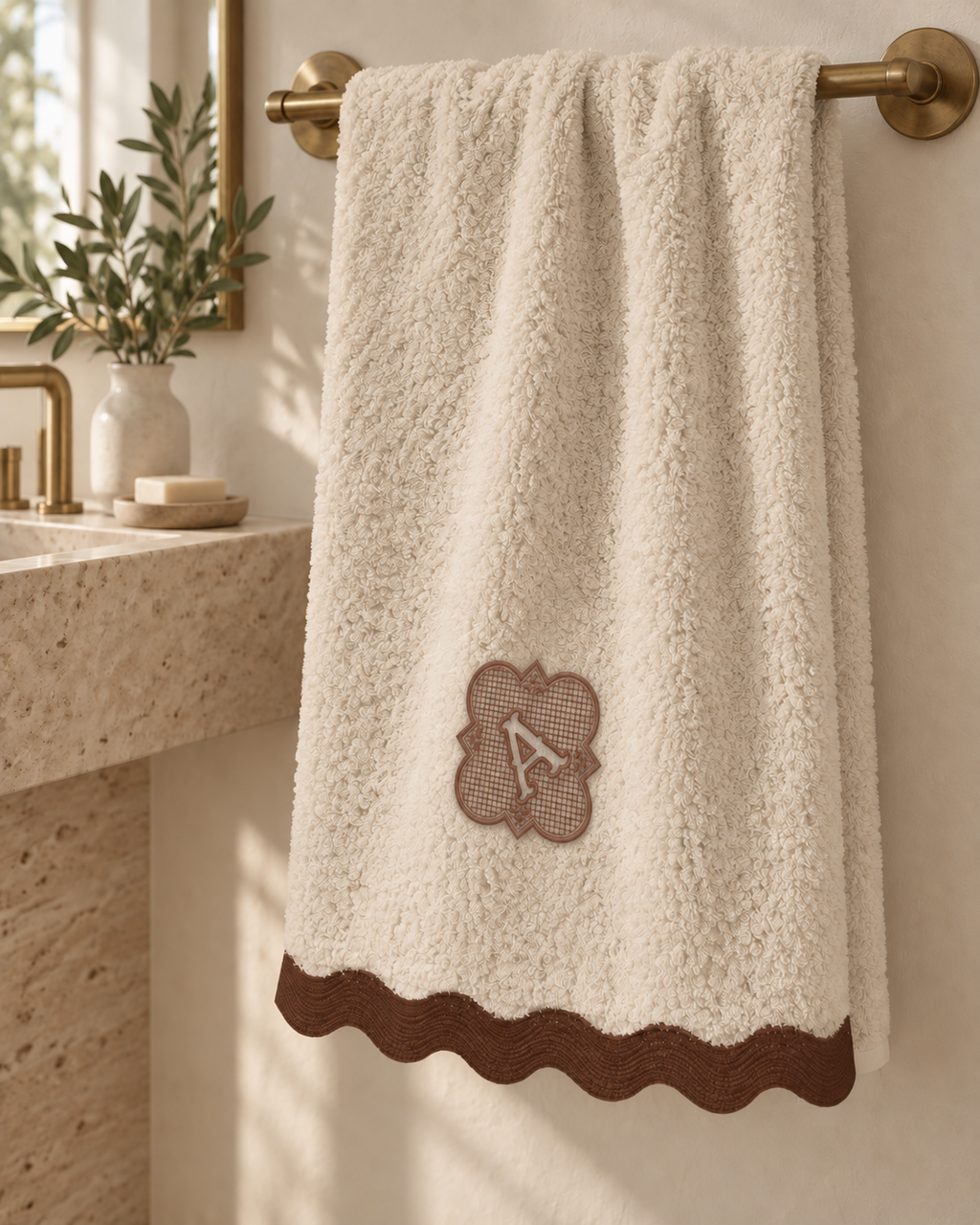 Bathroom setting with personalised beige cotton towel, model 02 framed monogram in coffee