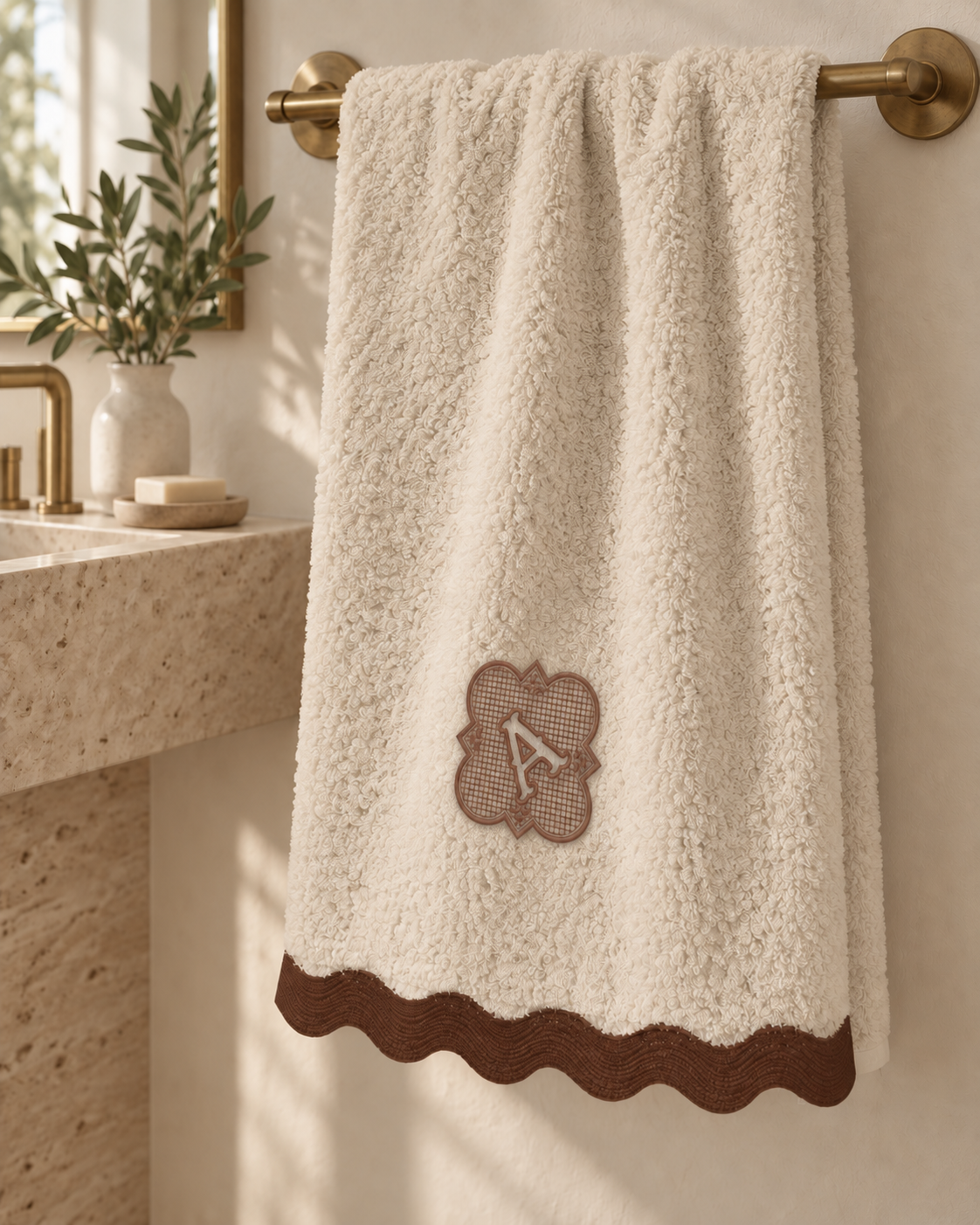 Bathroom setting with personalised beige cotton towel, model 02 framed monogram in coffee