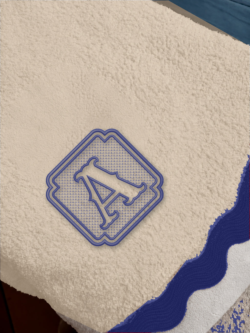 Beige 70 × 140 cm Italian cotton towel, model 01 framed monogram, Dark Blue embroidery