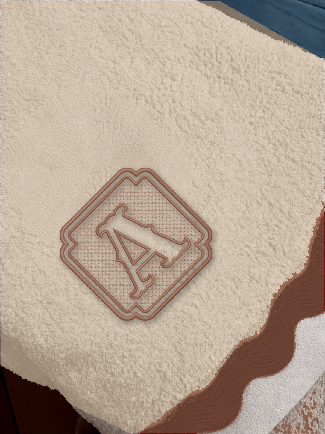 Beige 70 × 140 cm Italian cotton towel, model 01 framed monogram, Coffee embroidery