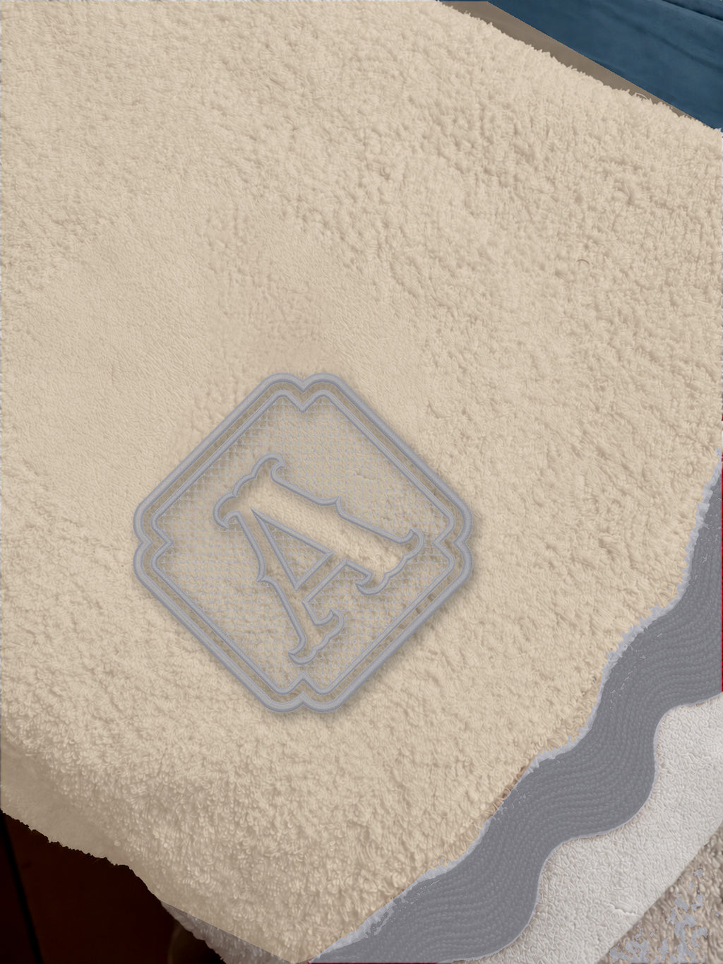 Beige 70 × 140 cm Italian cotton towel, model 01 framed monogram, Light Grey embroidery