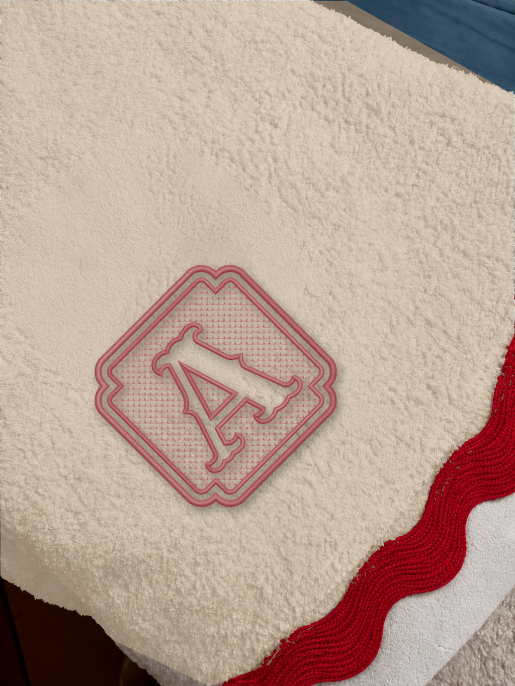 Beige 70 × 140 cm Italian cotton towel, model 01 framed monogram, Red embroidery