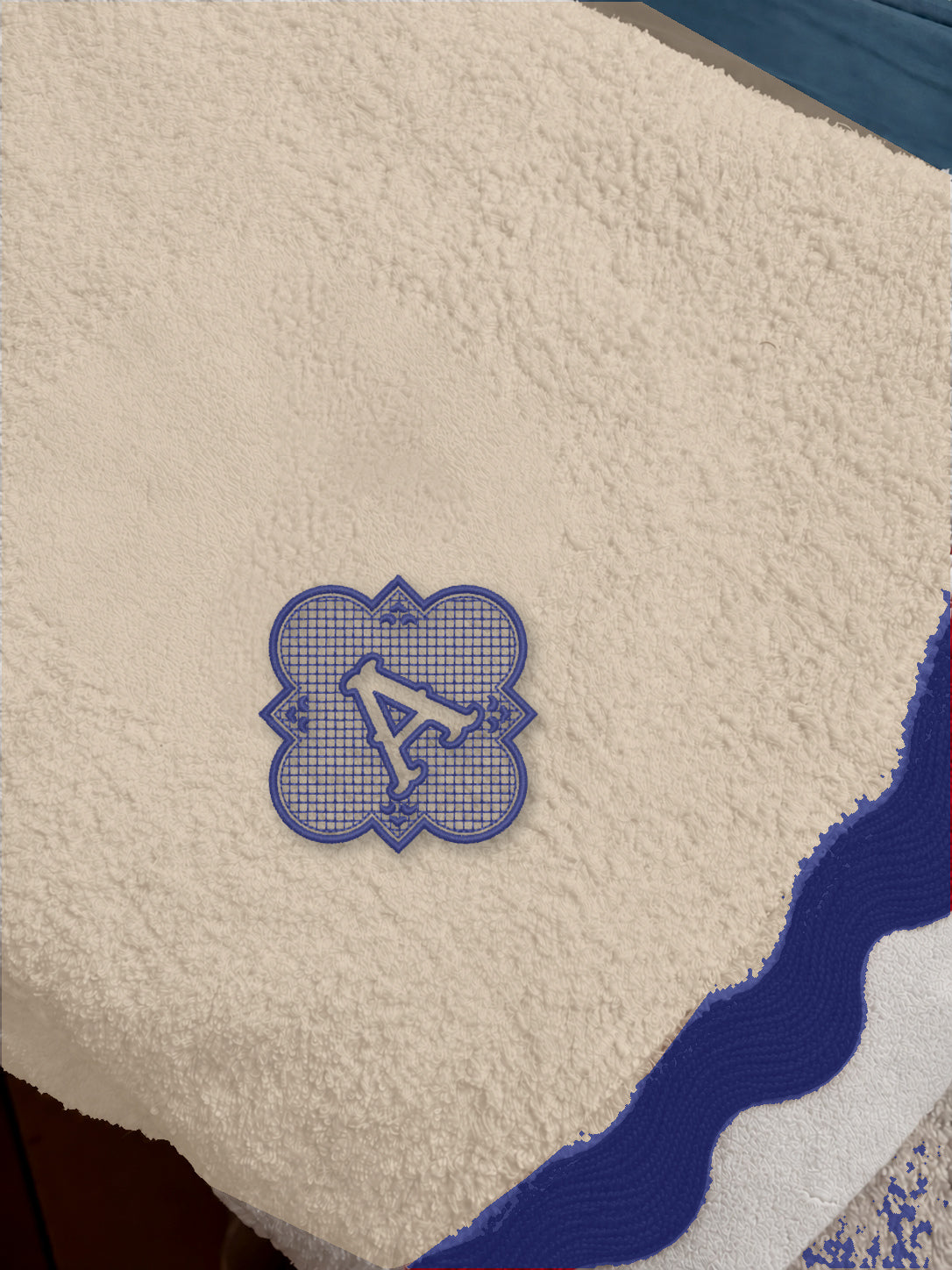 Beige 70 × 140 cm Italian cotton towel, model 02 framed monogram, Dark Blue embroidery