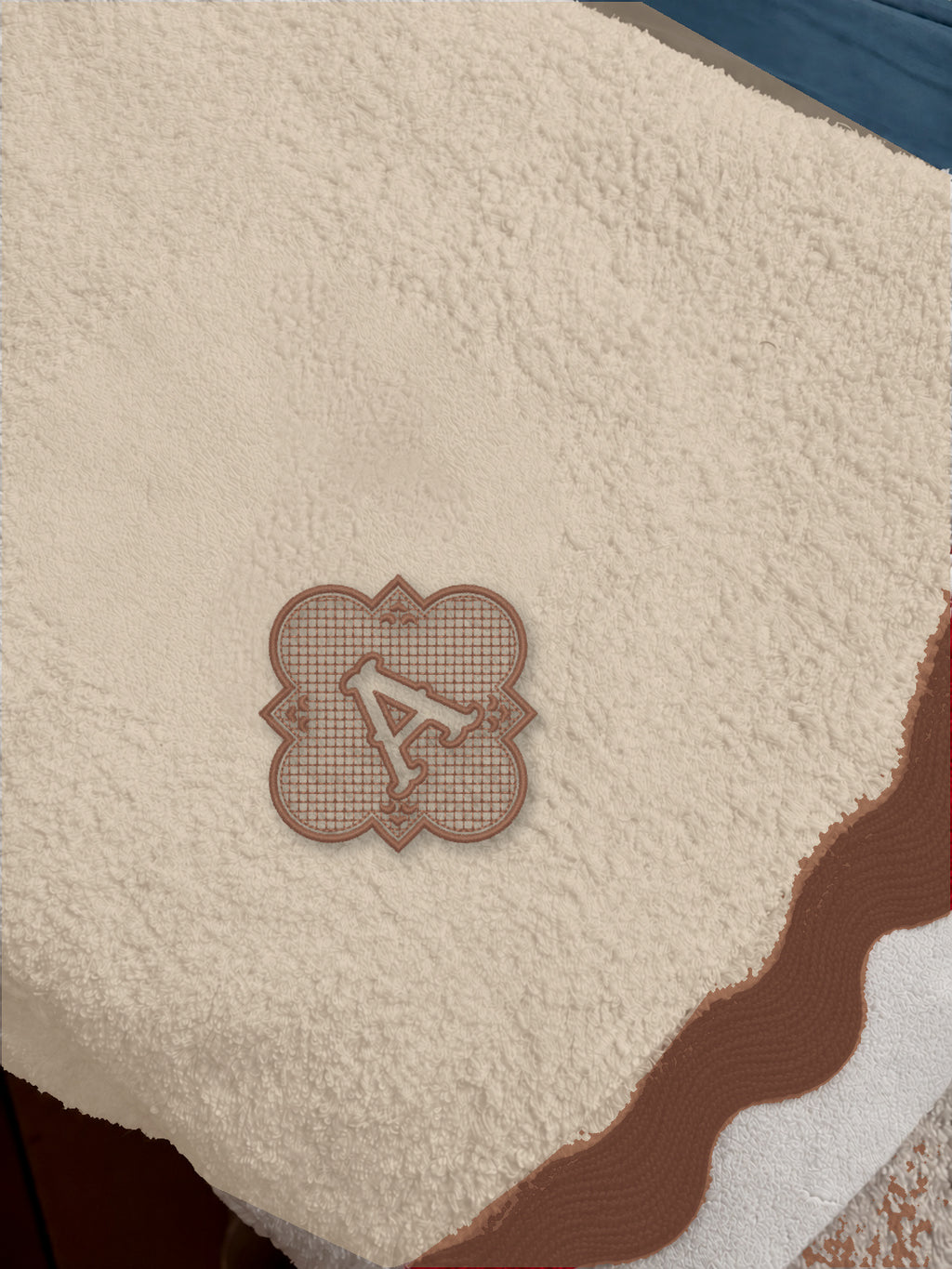 Beige 70 × 140 cm Italian cotton towel, model 02 framed monogram, Coffee embroidery
