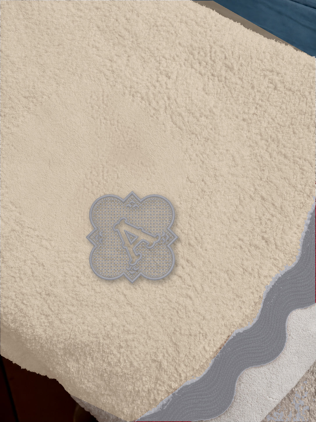 Beige 70 × 140 cm Italian cotton towel, model 02 framed monogram, Light Grey embroidery