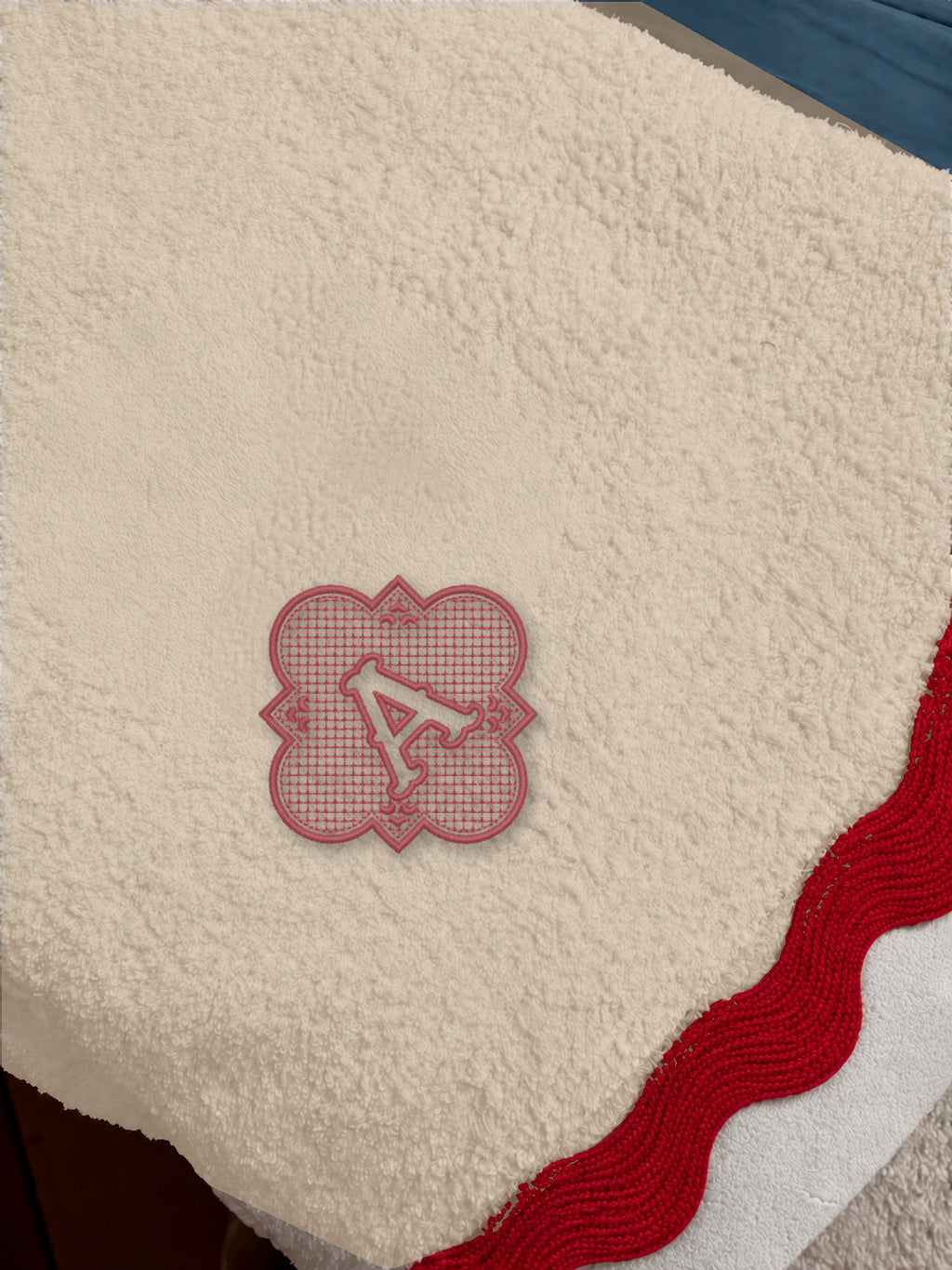 Beige 70 × 140 cm Italian cotton towel, model 02 framed monogram, Red embroidery