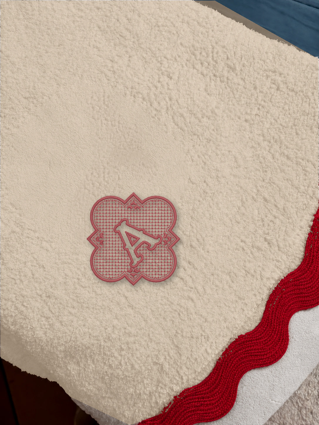 Beige 70 × 140 cm Italian cotton towel, model 02 framed monogram, Red embroidery