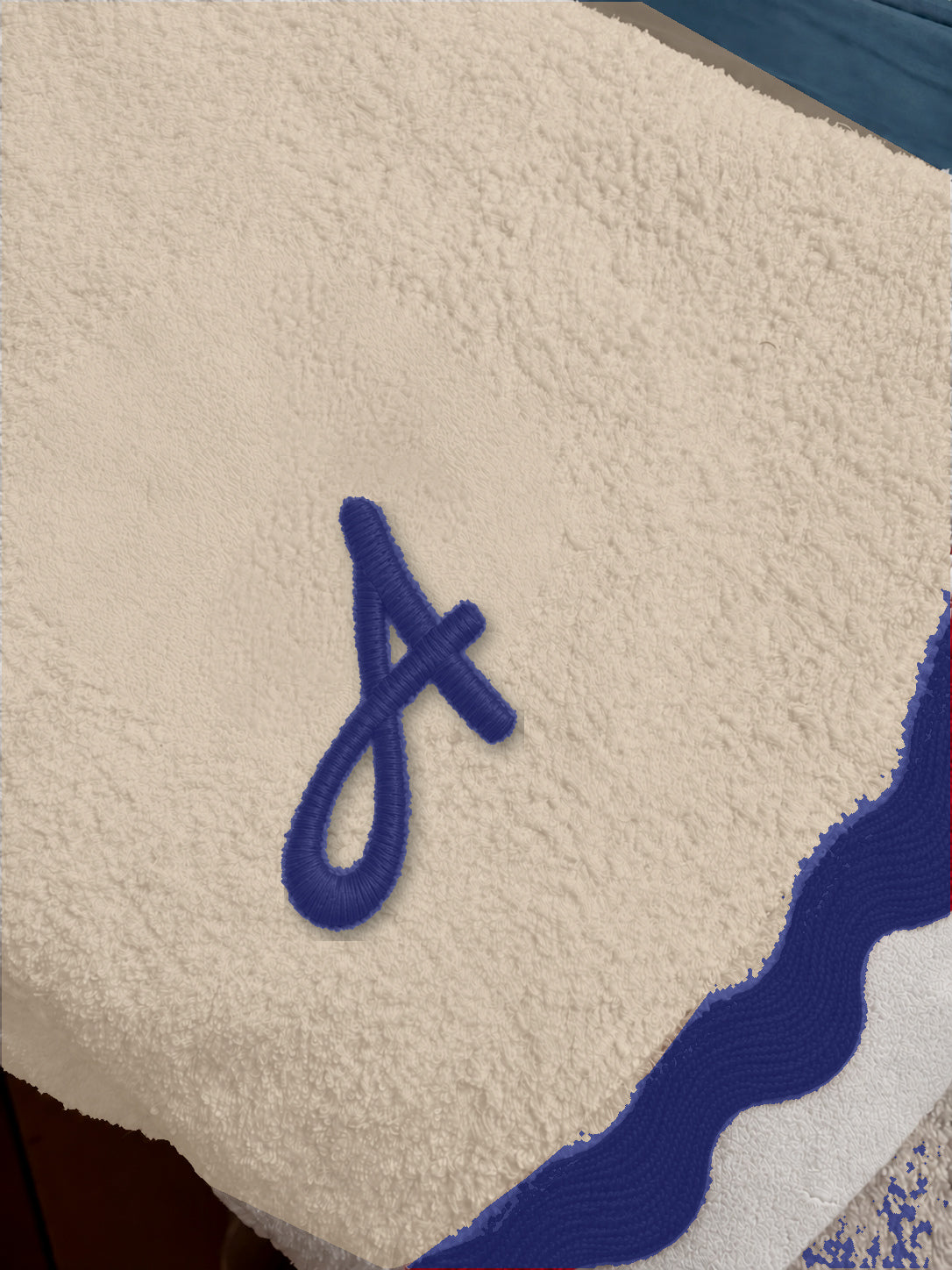 Beige 70 × 140 cm Italian cotton towel, model 03 single satin-stitch letter, Dark Blue embroidery
