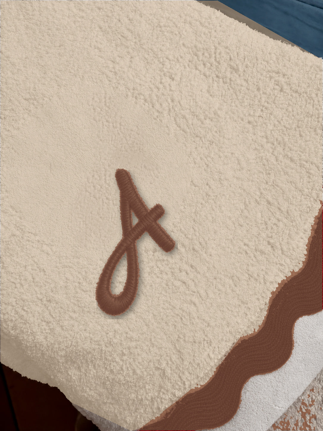 Beige 70 × 140 cm Italian cotton towel, model 03 single satin-stitch letter, Coffee embroidery