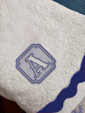 White 70 × 140 cm Italian cotton towel, model 01 framed monogram, Dark Blue embroidery