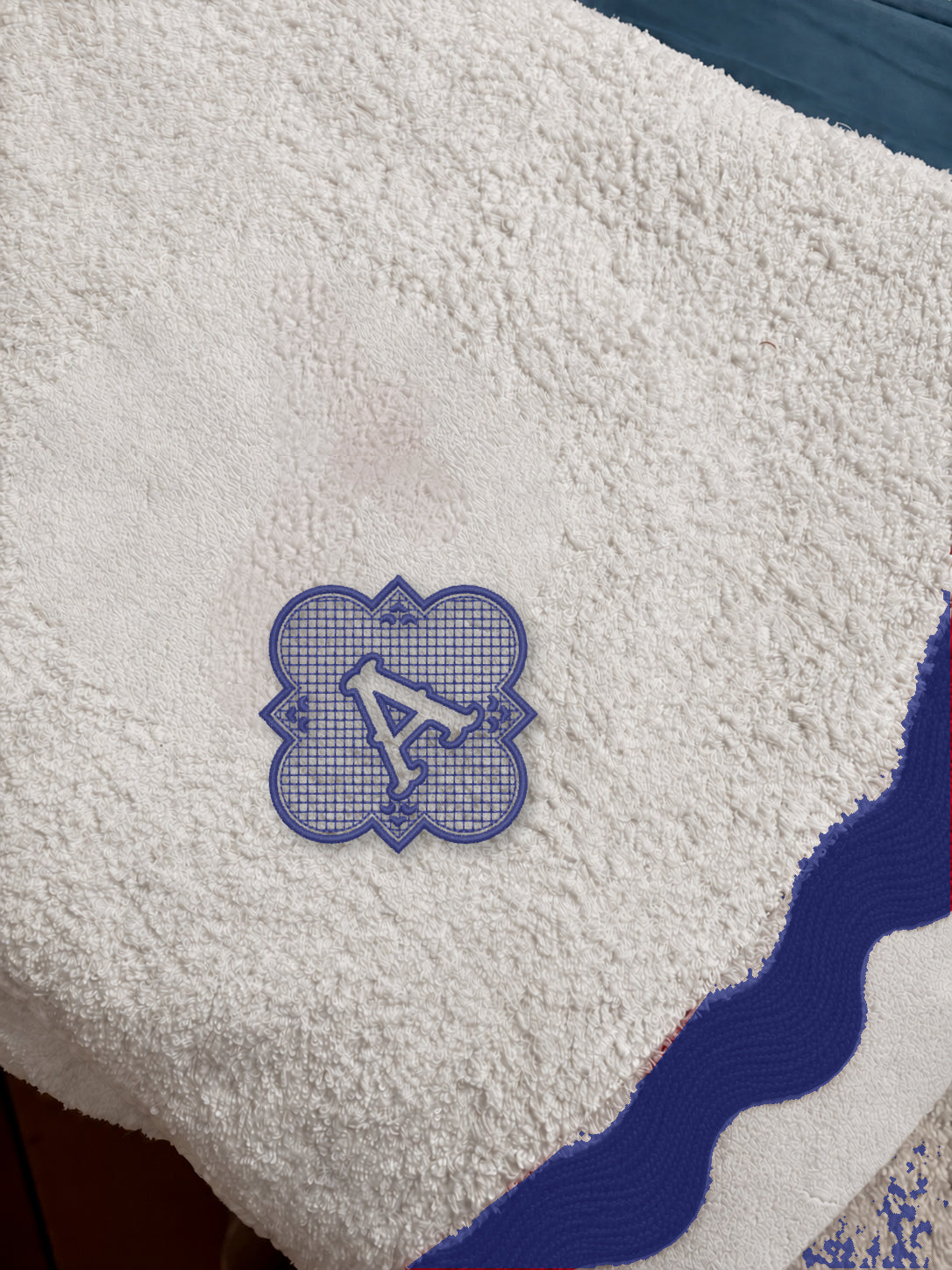 White 70 × 140 cm Italian cotton towel, model 02 framed monogram, Dark Blue embroidery