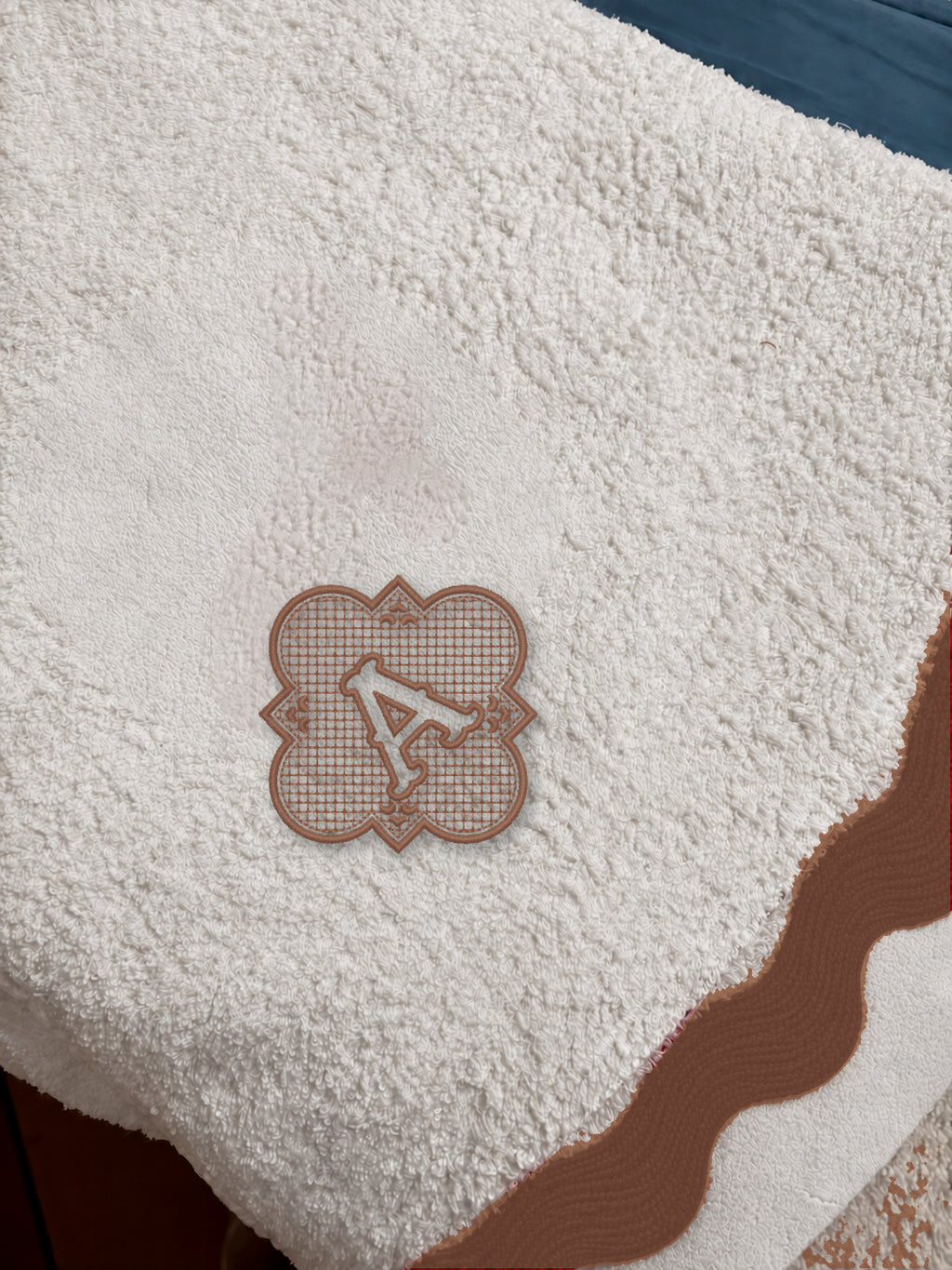 White 70 × 140 cm Italian cotton towel, model 02 framed monogram, Coffee embroidery