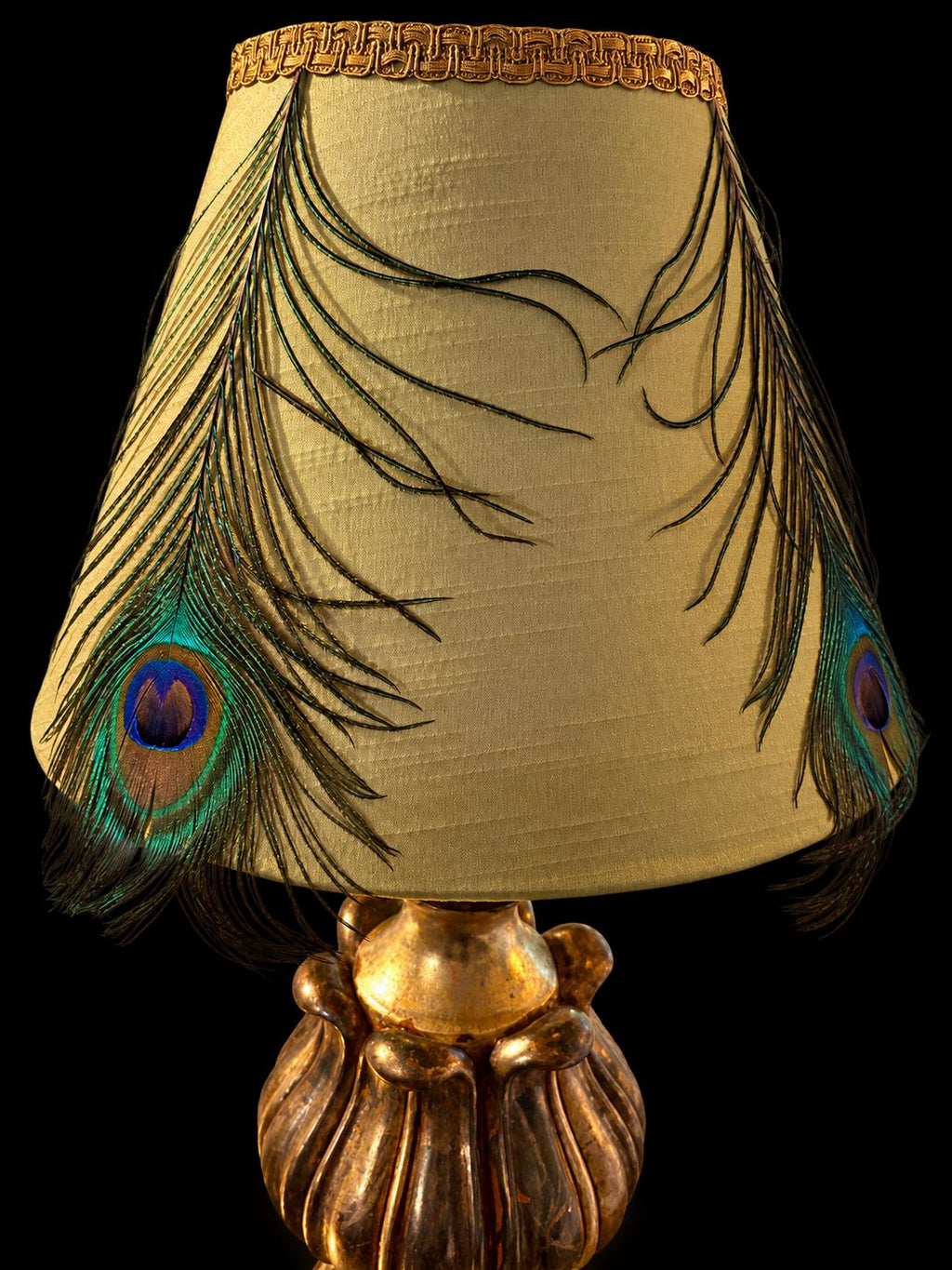 Additional view of the one-of-a-kind peacock feather lampshade