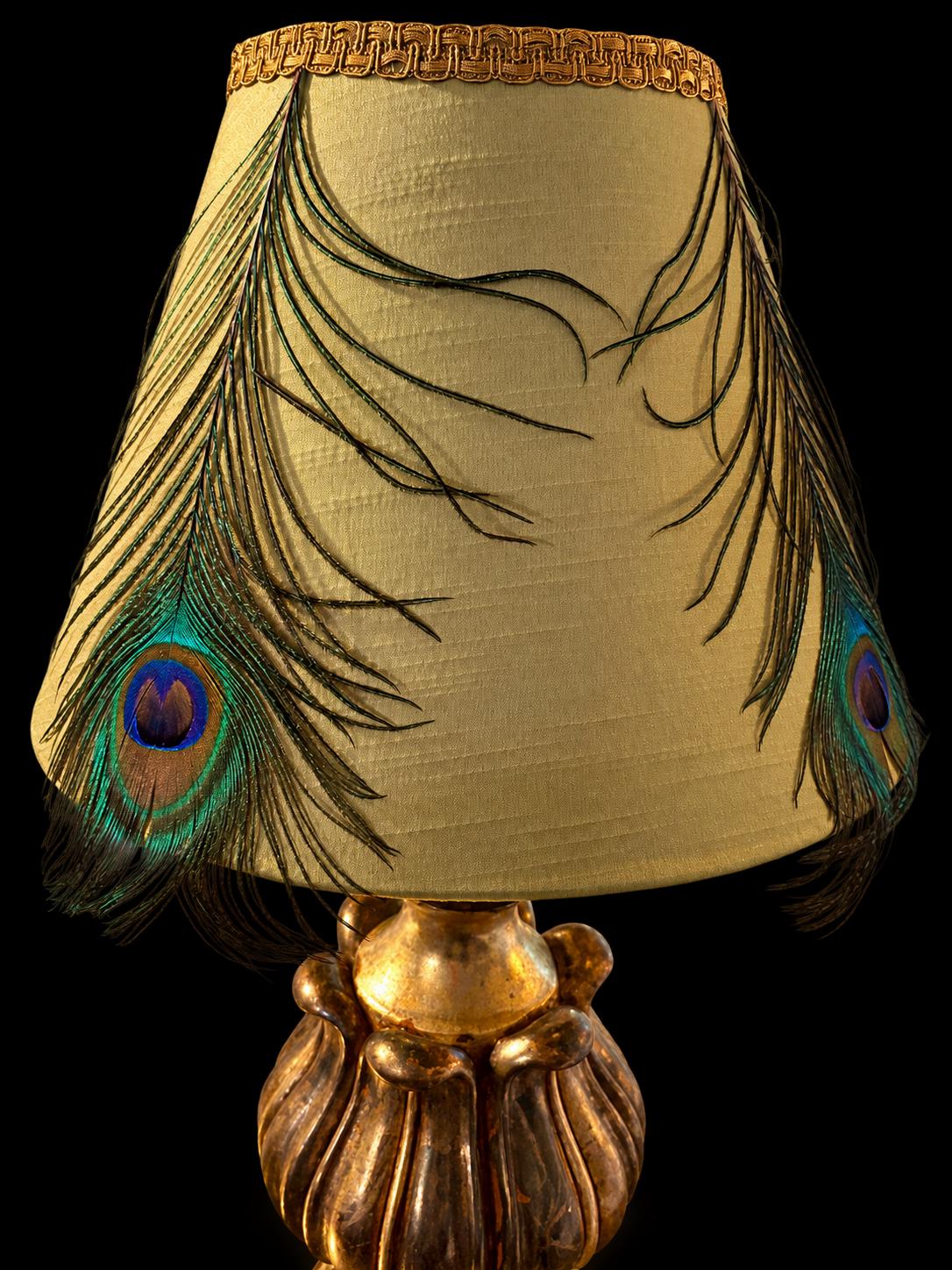 Additional view of the one-of-a-kind peacock feather lampshade