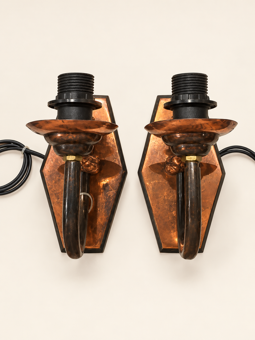 Pair of vintage copper wall sconces, front view