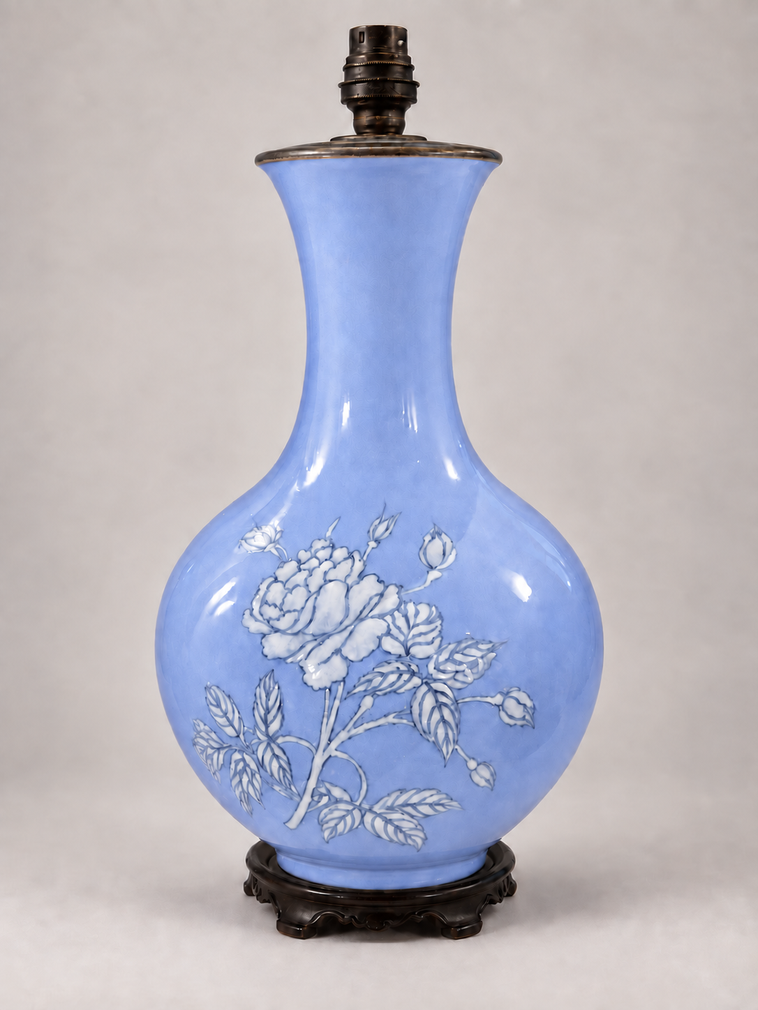 Vintage light blue ceramic table lamp with floral decoration