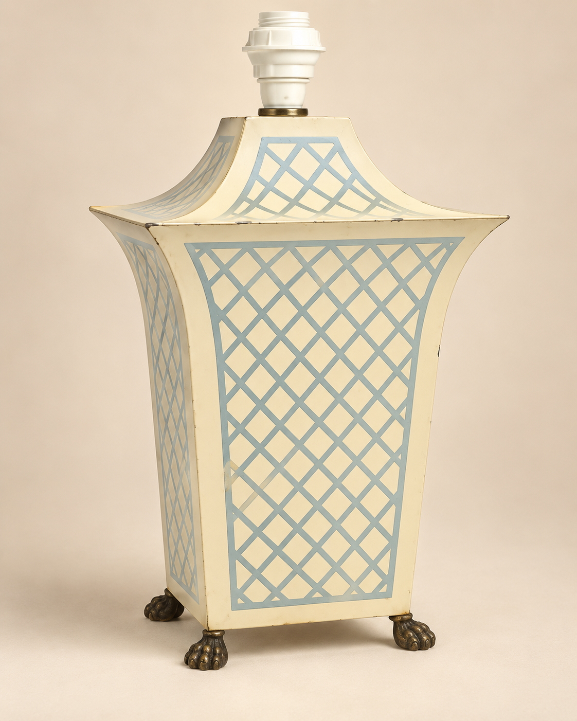 Vintage tole peinte table lamp in enamelled ivory and pale blue sheet metal